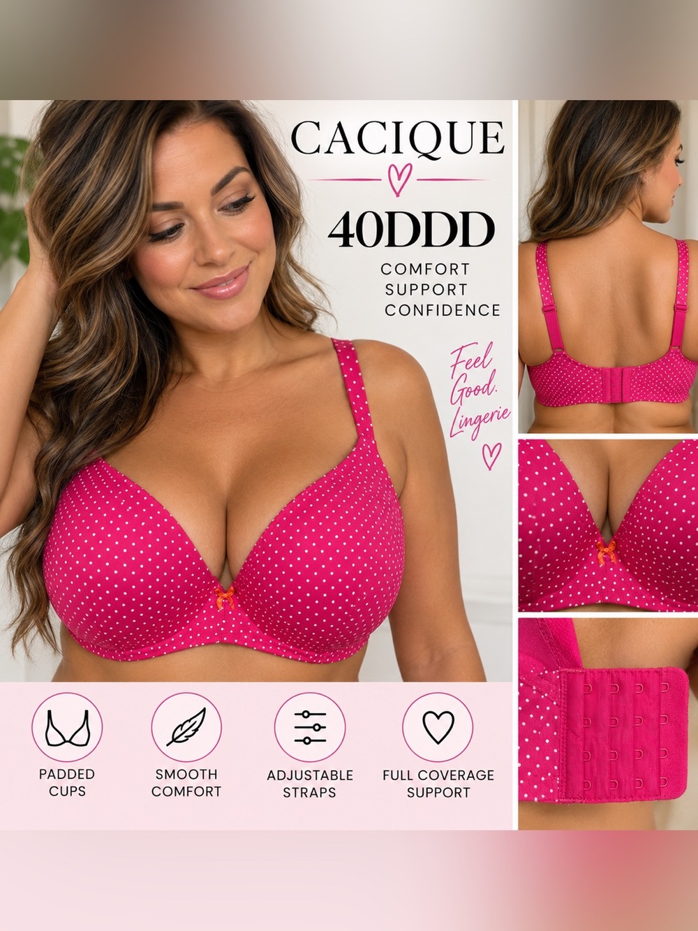 Cacique 40DDD Fuchsia Pink White Polka Dot Padded Bra
